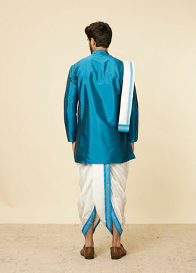 Teal Blue and Cream Zari Detailed Traditional South Indian Dhoti Set image number 4